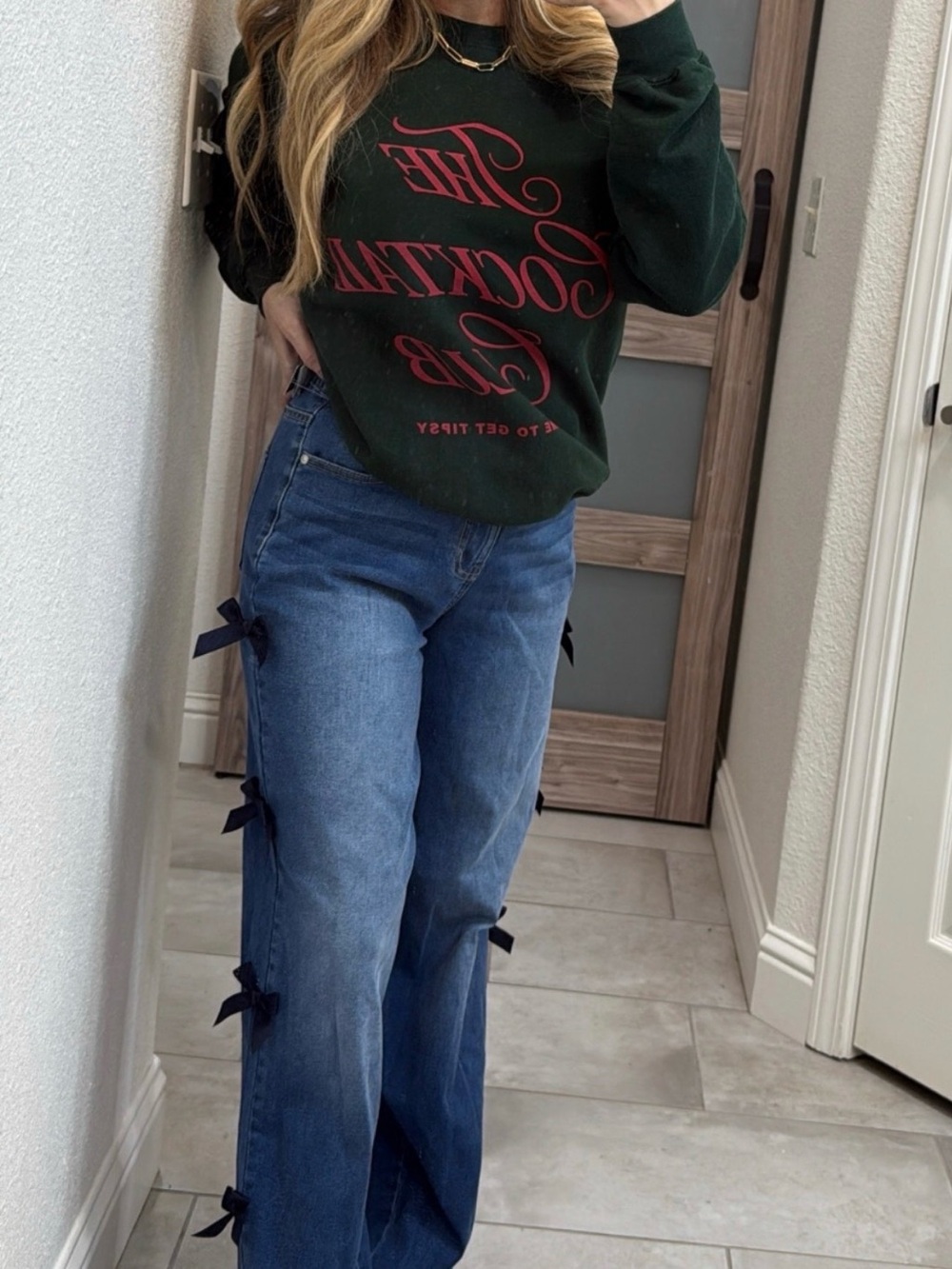Women's Blue Flare Jeans with Side Bow Detail
